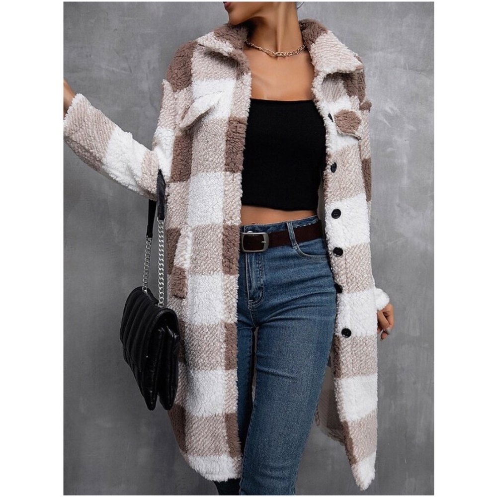 Cozy White Brown Plaid Teddy Button up Jacket Coat - Picture 1 of 4